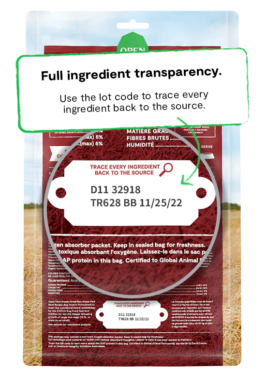 Transparent ingredient list for Open Farm Grass-Fed Beef Freeze Dried Raw Dinner Patties, ensuring ethical sourcing and nutritional integrity.