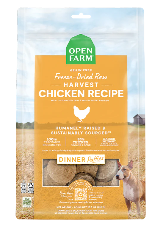 Open Farm Harvest Chicken Freeze Dried Raw Dog Food Patties with free-to-roam chicken, ideal for balanced health and nutrition.