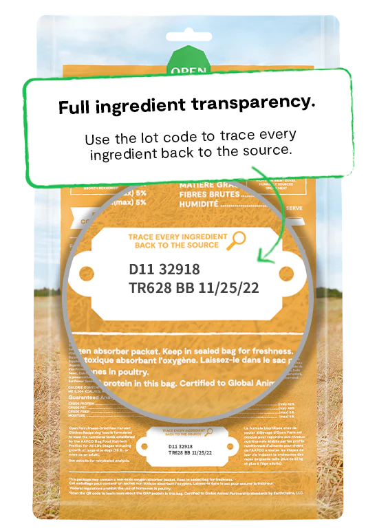 Detailed ingredient list for Open Farm Harvest Chicken, showcasing commitment to quality and transparency.