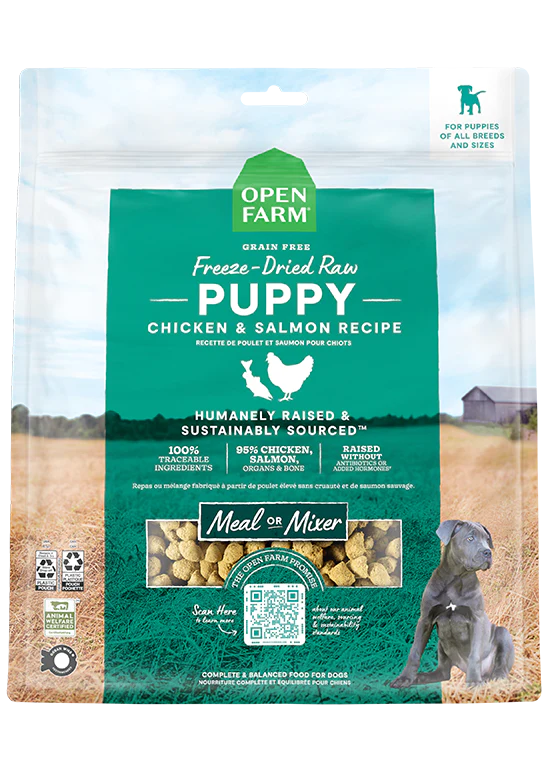 Puppy-focused Open Farm Freeze Dried Raw bag with G.A.P. certified chicken, salmon, and organic veggies for balanced development.