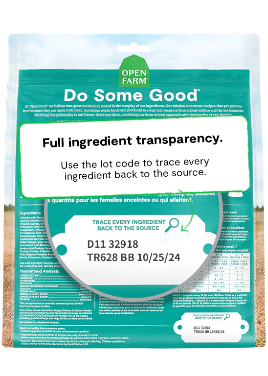 Open Farm’s 100% traceable ingredients for Puppy Chicken & Salmon, focused on quality and safety.