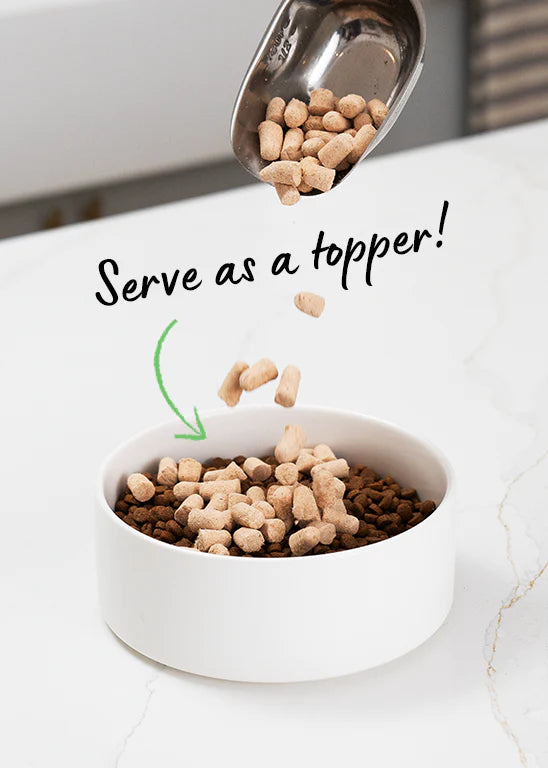 Spoon scooping Open Farm Goodbowl Freeze Dried Morsels into a bowl, demonstrating its convenient use as a topper for dog meals. Available in different flavours, wild caught salmon, grass fed beef & harvest chicken.