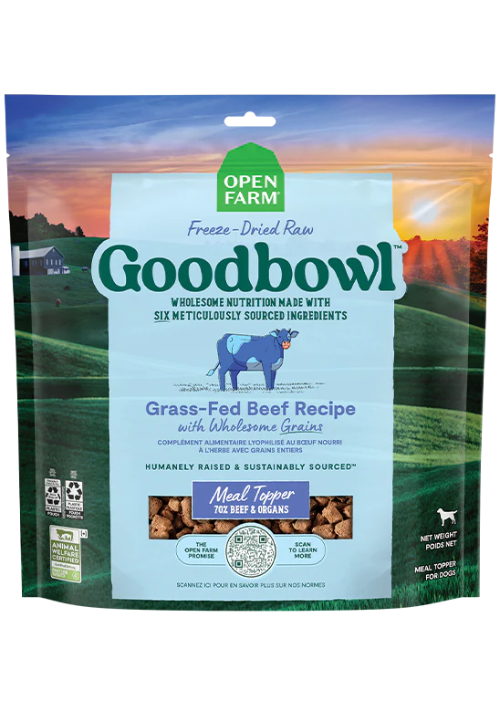 Front of Open Farm Goodbowl Grass-Fed Beef Freeze Dried Topper package, showcasing 70% grass-fed beef protein and six simple, non-GMO ingredients.