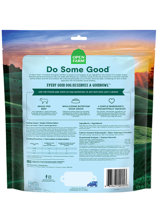 Back of Open Farm Goodbowl Grass-Fed Beef Freeze Dried Topper package, detailing nutritional facts, six simple ingredients, and feeding instructions.