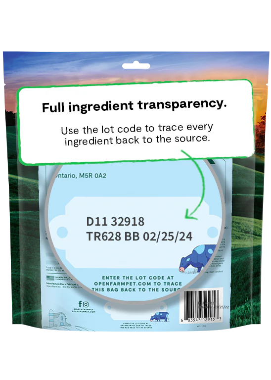 Back of Open Farm Goodbowl Grass-Fed Beef Freeze Dried Topper package, featuring Open Farm’s ingredient traceability for complete transparency.