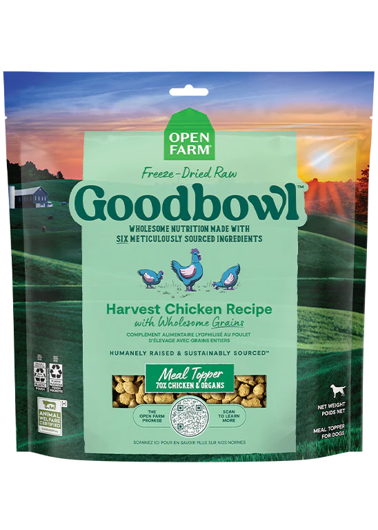 Front of Goodbowl Harvest Chicken Freeze Dried Topper package, highlighting 70% chicken protein and six simple, non-GMO ingredients.
