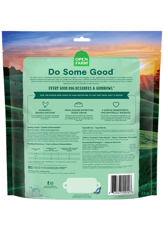 Back of Open Farm Goodbowl Harvest Chicken Freeze Dried Topper package, displaying detailed nutritional information and six simple ingredients.