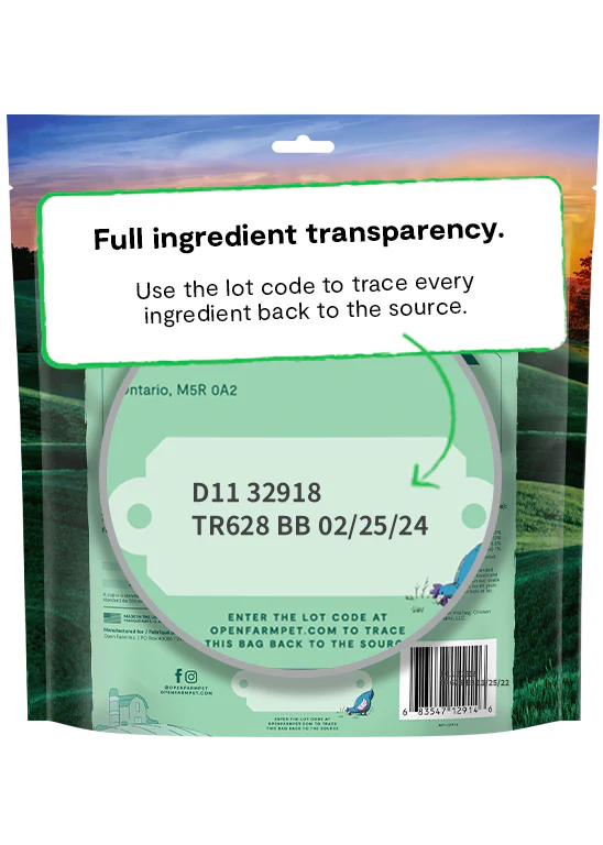 Back of Open Farms Goodbowl Harvest Chicken Freeze Dried Topper package, emphasizing Open Farm’s full ingredient traceability for quality and transparency.