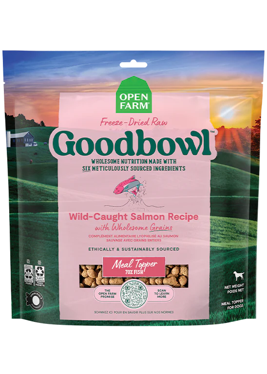 Front of Goodbowl Wild-Caught Salmon Freeze Dried Topper package, highlighting 70% protein from sustainably sourced wild-caught fish and six simple ingredients.