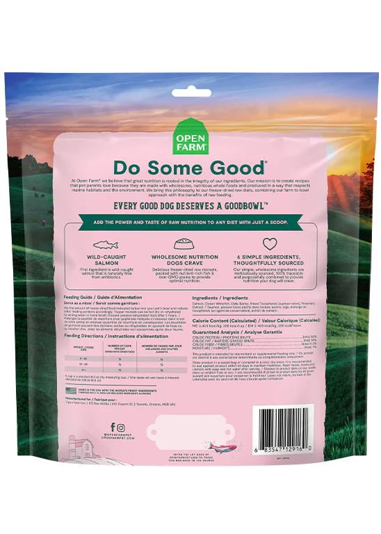 Back of Open Farms Goodbowl Wild-Caught Salmon Freeze Dried Topper package, detailing ingredients, nutritional information, and six simple, traceable ingredients.