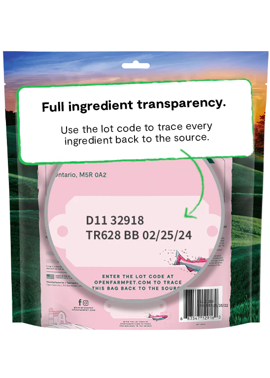 Back of Open Farms Goodbowl Wild-Caught Salmon Freeze Dried Topper, emphasizing Open Farm's full ingredient traceability for quality assurance and transparency.
