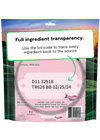 Back of Open Farms Goodbowl Wild-Caught Salmon Freeze Dried Topper, emphasizing Open Farm's full ingredient traceability for quality assurance and transparency.