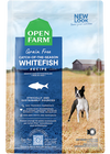 Open Farm Grain Free Whitefish kibble bag showcasing omega-3-rich nutrition for healthy skin and coat.