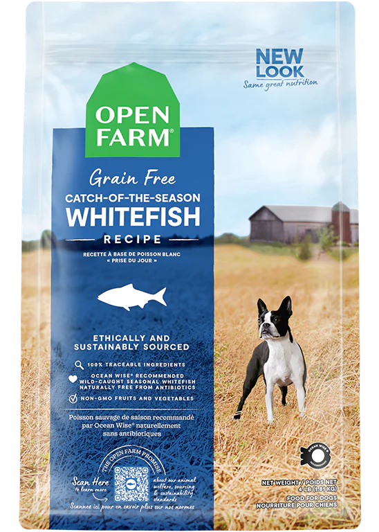 Open Farm Grain Free Whitefish kibble bag showcasing omega-3-rich nutrition for healthy skin and coat.