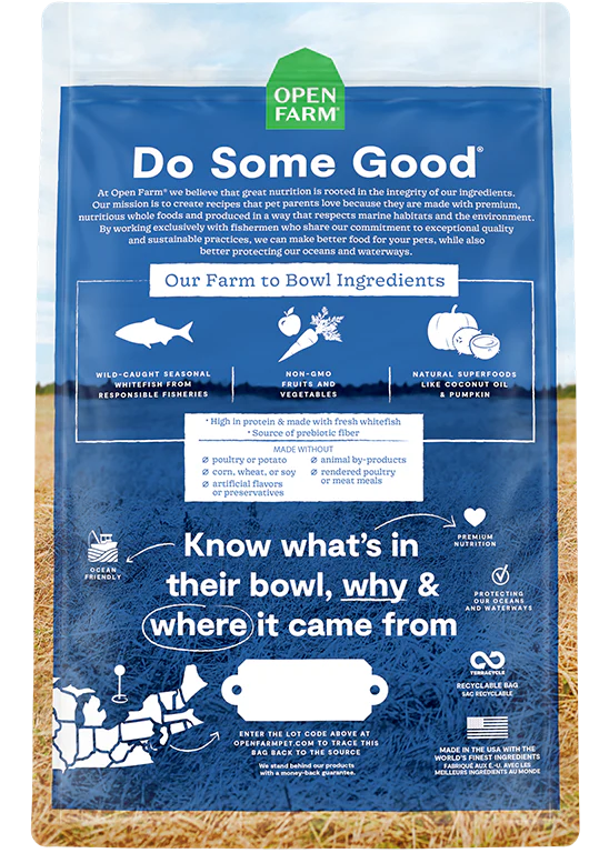 Back of Open Farm Whitefish kibble bag with feeding details and ingredient transparency.