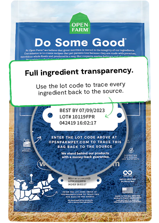 Open Farm traceable ingredient system highlighting wild-caught whitefish and non-GMO produce.