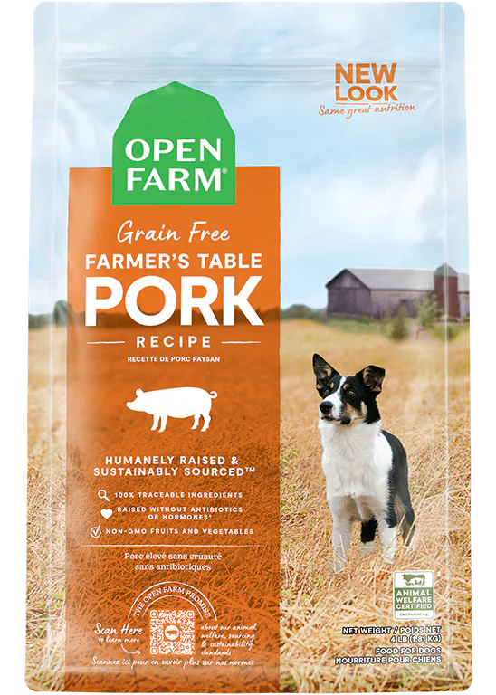 Open Farm Grain Free Pork kibble bag highlighting humanely raised pork and non-GMO superfoods.