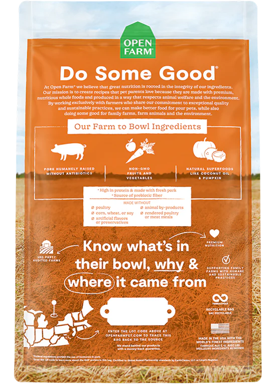 Back of Open Farm Pork kibble bag with feeding recommendations and ingredient details.