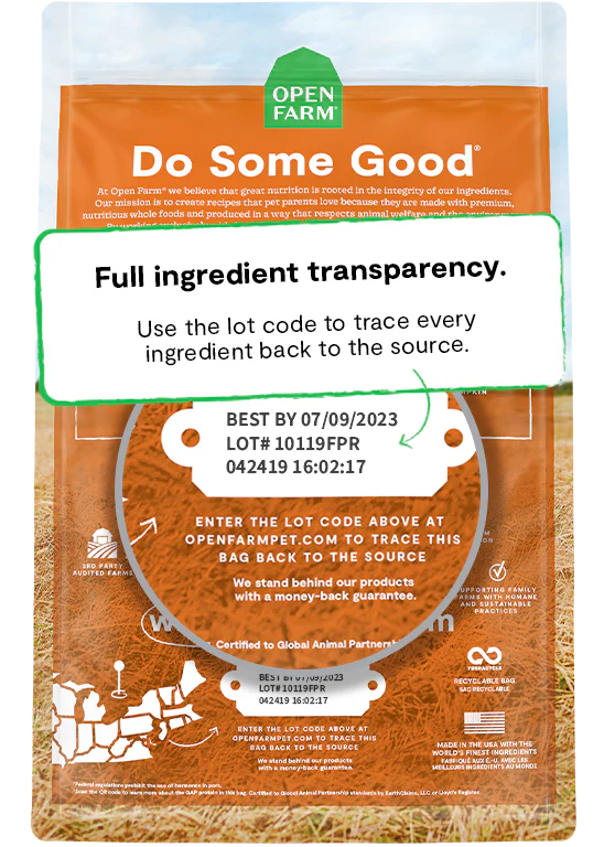 Open Farm traceable ingredient system highlighting ethically raised pork and wholesome produce.