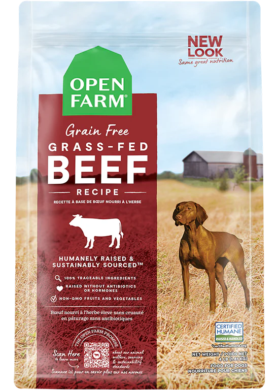 Open Farm Grain Free Grass-Fed Beef kibble bag featuring premium protein and non-GMO ingredients for overall health.
