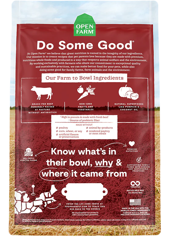 Detailed back of Open Farm Grass-Fed Beef kibble bag with ingredient transparency and feeding information.