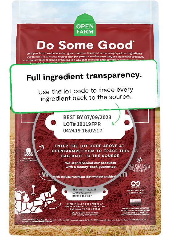 Open Farm ingredient traceability highlighting grass-fed beef and non-GMO fruits and vegetables.