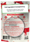 Close-up of ingredient transparency on the back of the bag showing grass-fed beef sourcing.