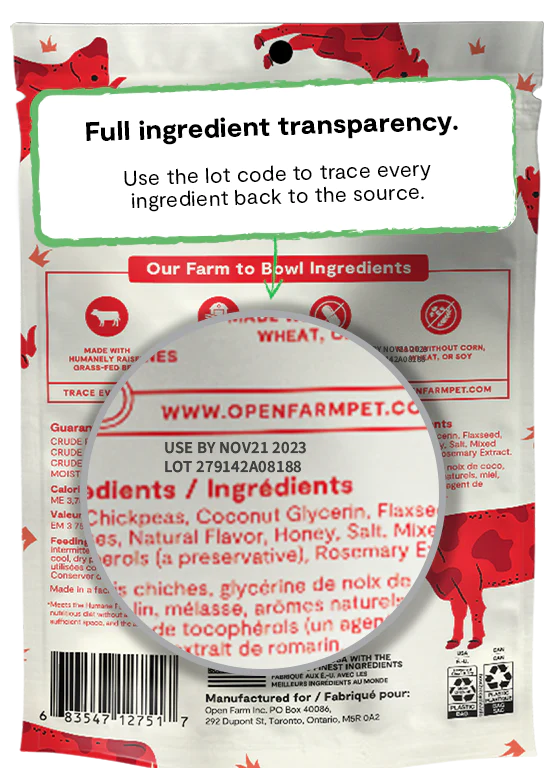Close-up of ingredient transparency on the back of the bag showing grass-fed beef sourcing.