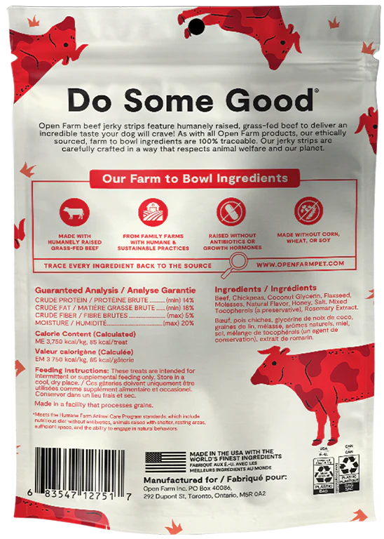Back view of Open Farm Beef Jerky Strips packaging with nutritional information and recycling details.