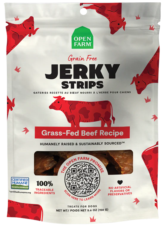 Front of Open Farm Grain-Free Grass-Fed Beef Jerky Strips bag showcasing beef ingredients.