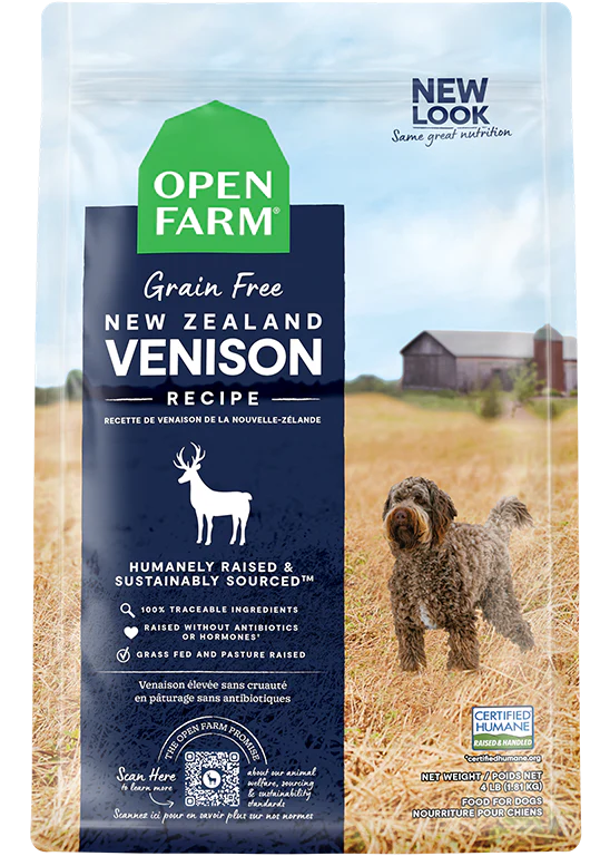 Open Farm Venison Dog Food bag highlighting novel protein and grain-free nutrition for sensitive dogs.