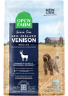 Open Farm Venison Dog Food bag highlighting novel protein and grain-free nutrition for sensitive dogs.