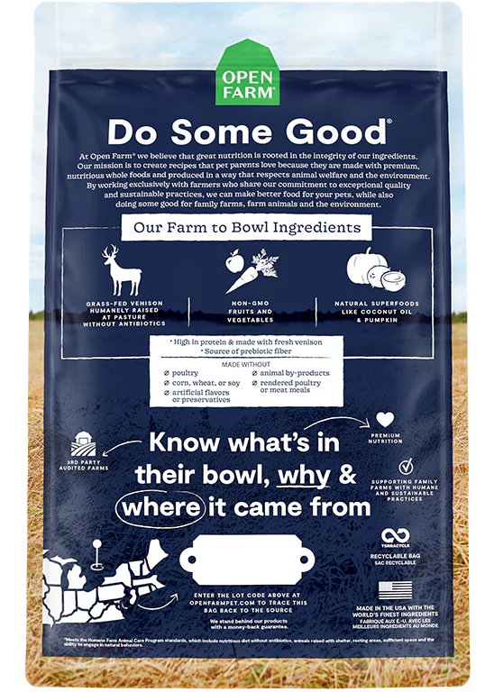 Back of Open Farm Venison Dog Food bag showcasing ingredient transparency and feeding guidelines.
