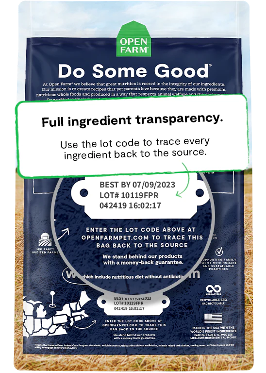 Open Farm traceable ingredient system featuring grass-fed venison and non-GMO produce.