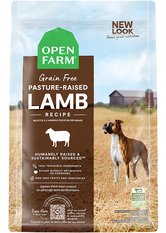 Open Farm Grain Free Pasture-Raised Lamb kibble bag showcasing premium lamb protein and non-GMO ingredients.