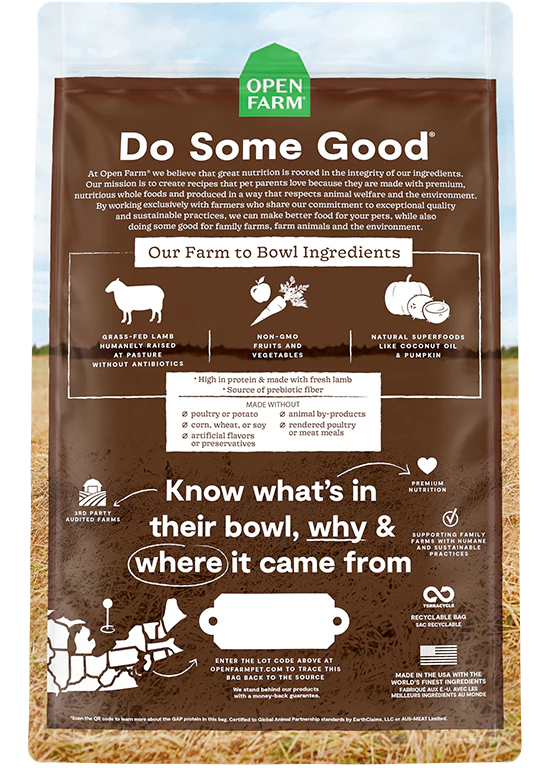 Back of Open Farm Grain Free Lamb kibble bag detailing ingredient transparency and nutritional benefits.