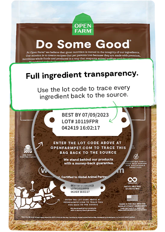 Open Farm ingredient traceability emphasizing sustainably sourced lamb and non-GMO fruits and veggies