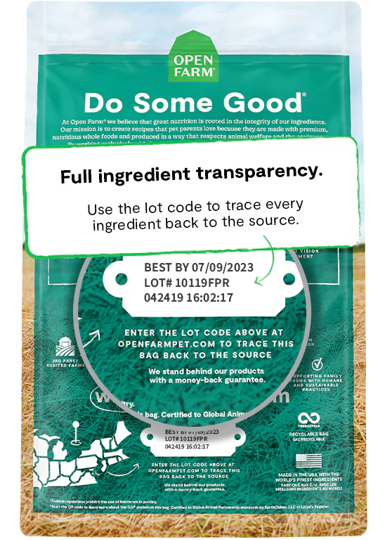 A close-up image of the transparency promise on the back of the bag, underscoring Open Farm's commitment to responsible sourcing and ingredient integrity.