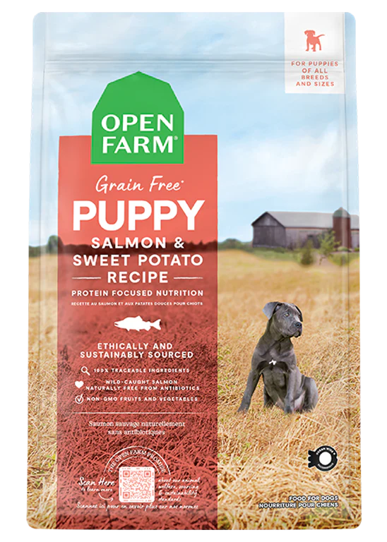 Open Farm Salmon Puppy kibble bag featuring chicken-free, nutrient-dense nutrition for growing puppies.