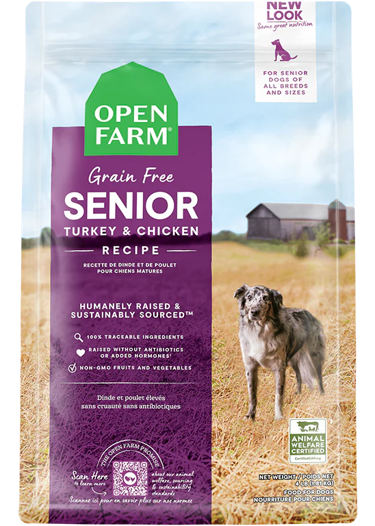 Open Farm Senior Dog Food bag featuring joint support and nutrient-dense nutrition for aging dogs.