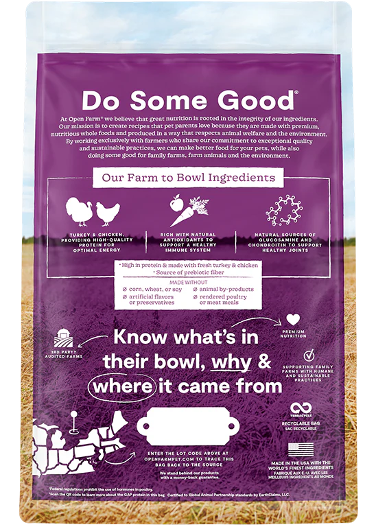 Back of Open Farm Senior Dog Food bag with feeding instructions and ingredient details.