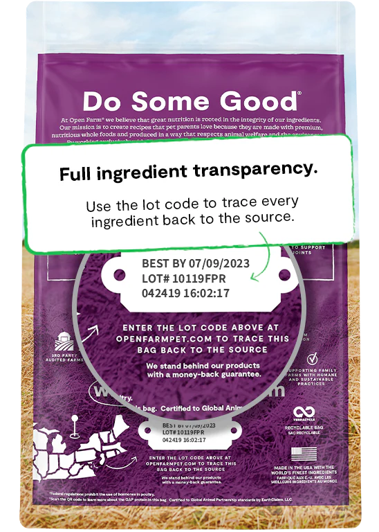Open Farm traceable ingredient system showcasing senior-specific proteins and functional ingredients.