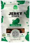 Front view of Open Farm Grain-Free Turkey Jerky Strips packaging showing turkey ingredients.