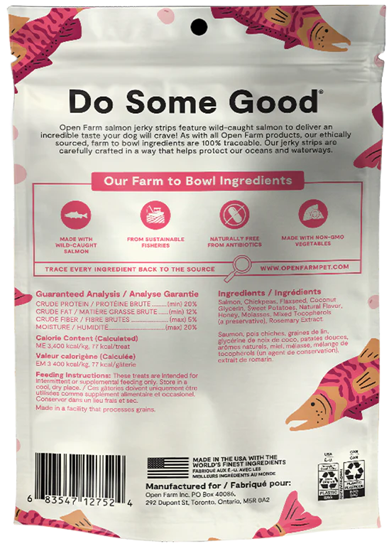 Back of Open Farm Salmon Jerky Strips bag showing nutritional details and recyclable packaging.