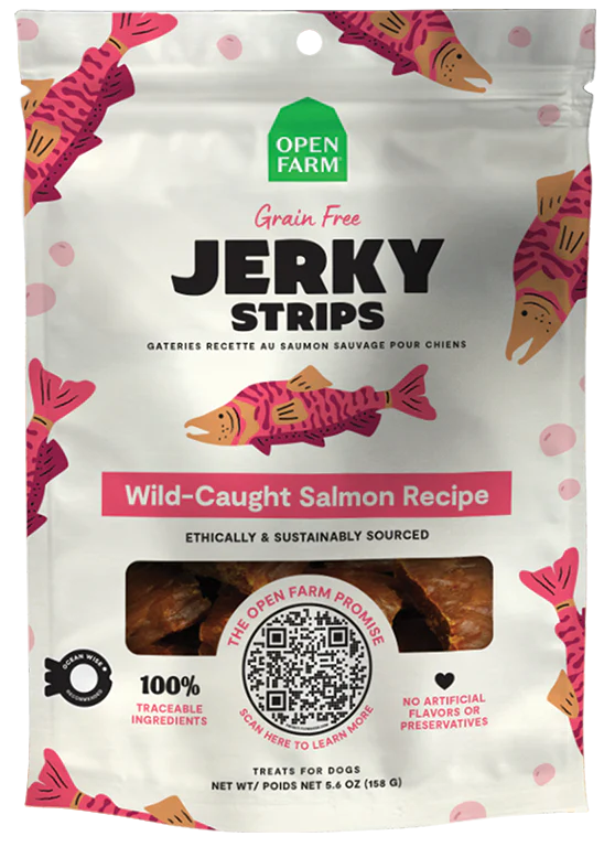 Front view of Open Farm Grain-Free Wild-Caught Salmon Jerky Strips showcasing wild-caught salmon.