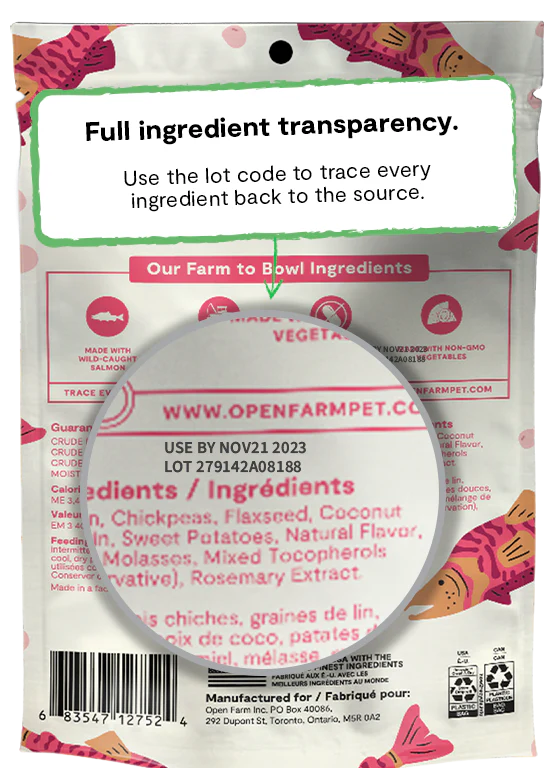 Close-up of transparency details showing traceable, responsibly sourced salmon on the back.