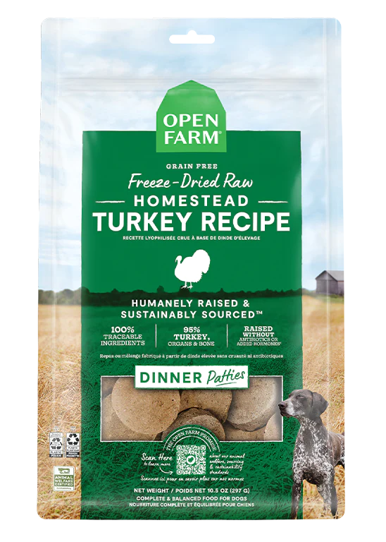 Open Farm Homestead Turkey Freeze Dried Raw Dog Food Patties with free-to-roam turkey for pure protein and health.