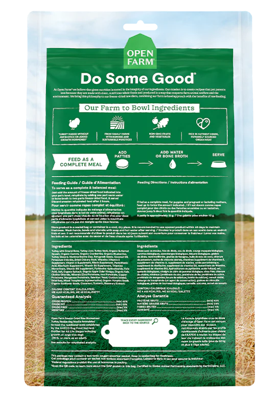Nutritional details of Open Farm's Homestead Turkey Freeze Dried Patties, highlighting a balanced raw diet for dogs.
