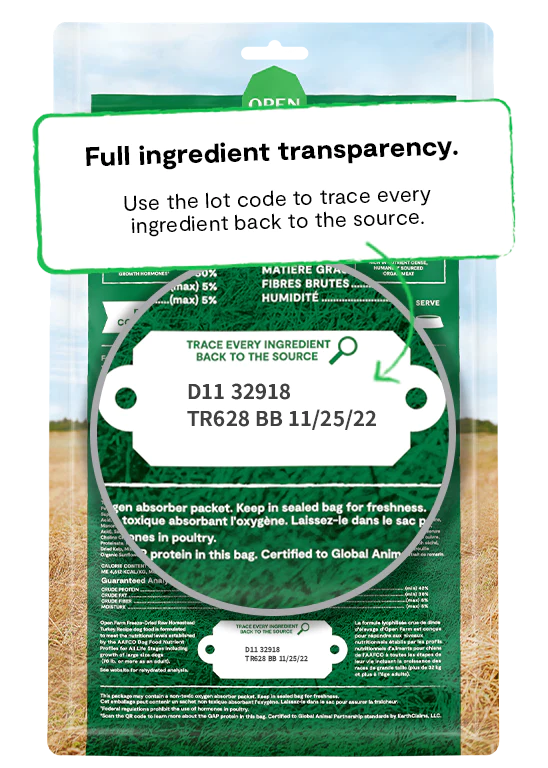 Full ingredient list for Open Farm Homestead Turkey, ensuring transparency and ethical sourcing.