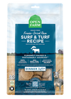 Open Farm Surf & Turf Freeze Dried Raw Dog Food Patties, highlighting premium grass-fed beef and wild-caught salmon for optimal dog nutrition.